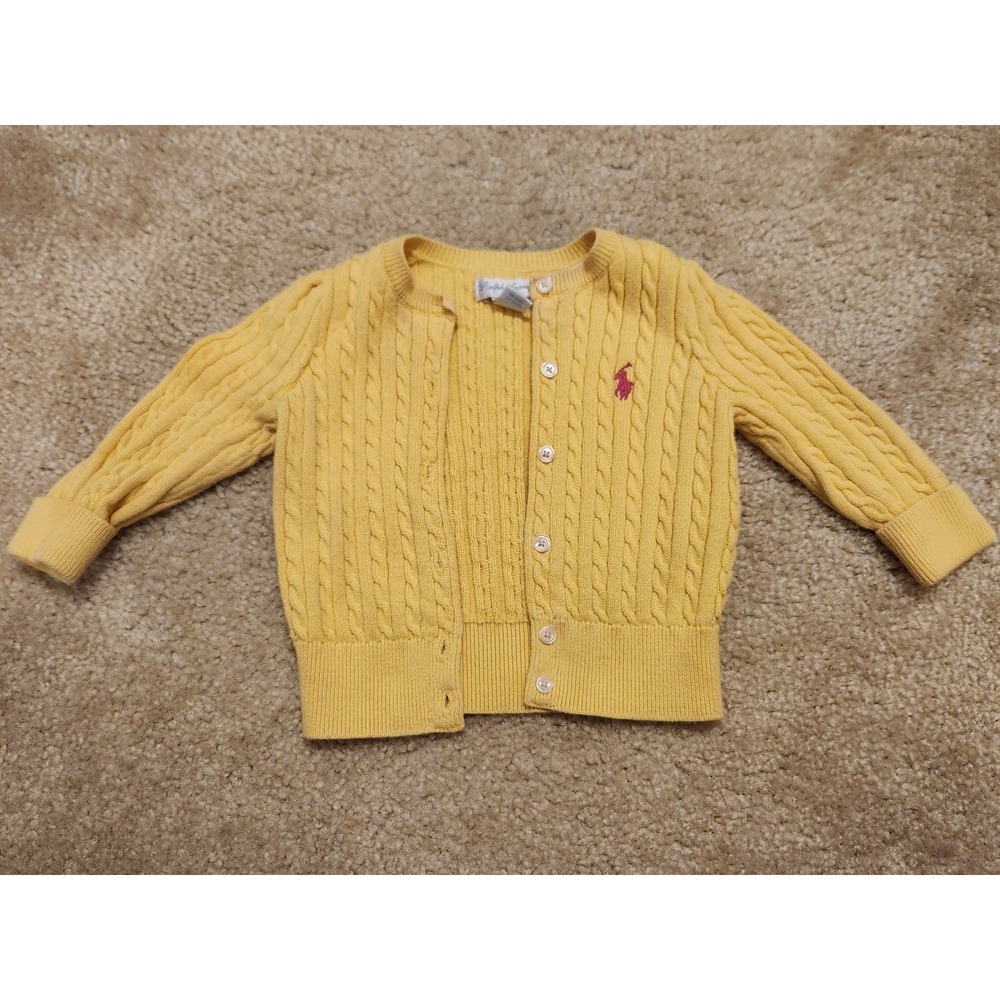 Ralph Lauren Baby Girls Yellow Cable Knit Cardigan Pink Pony Logo 9M